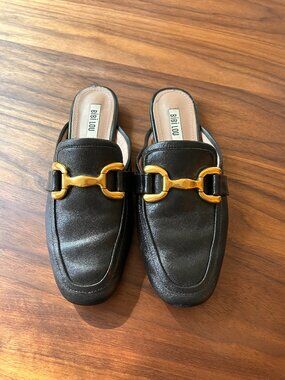 Bibi Lou Black Leather with Gold Horsebit Mules Size 39